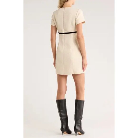 FRENCH CONNECTION Velvet Bow Short Sleeve Bouclé Minidress in Cream/ Black - Picture 11 of 11